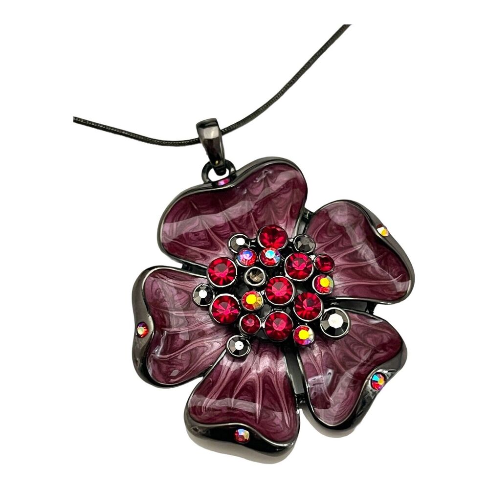 New Floral Pendant Necklace Crystal Accents Enamel Hematite Tone - 5H